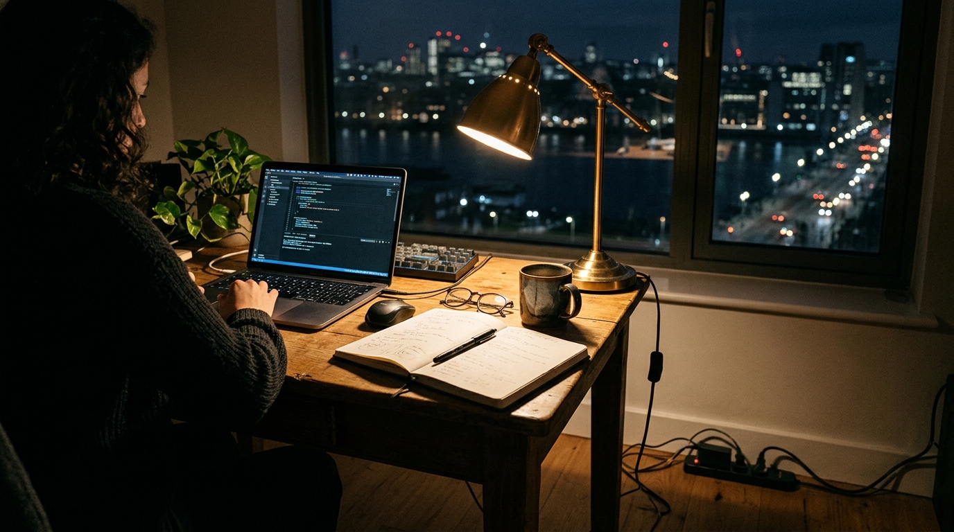 Late night developer workstation in a tech hub